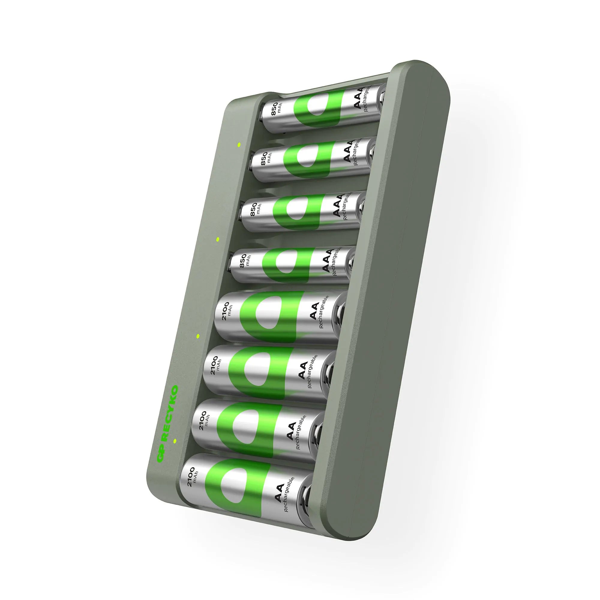 GP RECYKO E821 USB Economy-oplader met 4 RECYKO 2100 AA en 4 RECYKO 850 AAA