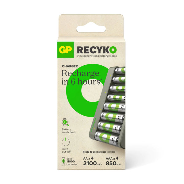 GP RECYKO E821 USB Economy-oplader met 4 RECYKO 2100 AA en 4 RECYKO 850 AAA