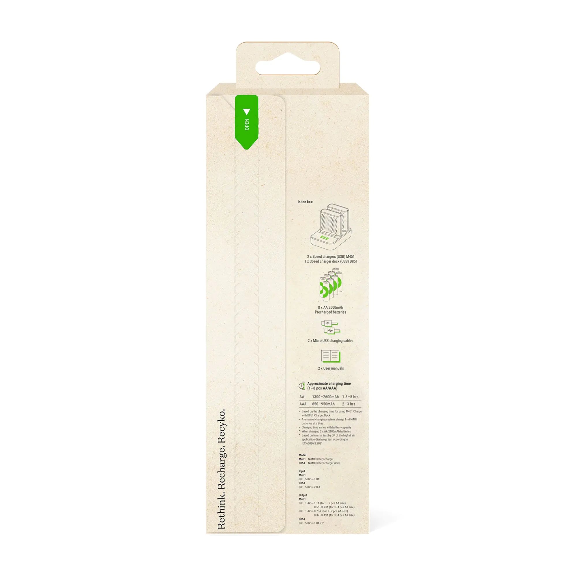 GP RECYKO Snellader Dock (USB) D851 en 2 x Snellader (USB) M451 met 8 x AA 2600mAh NiMH Batterijen
