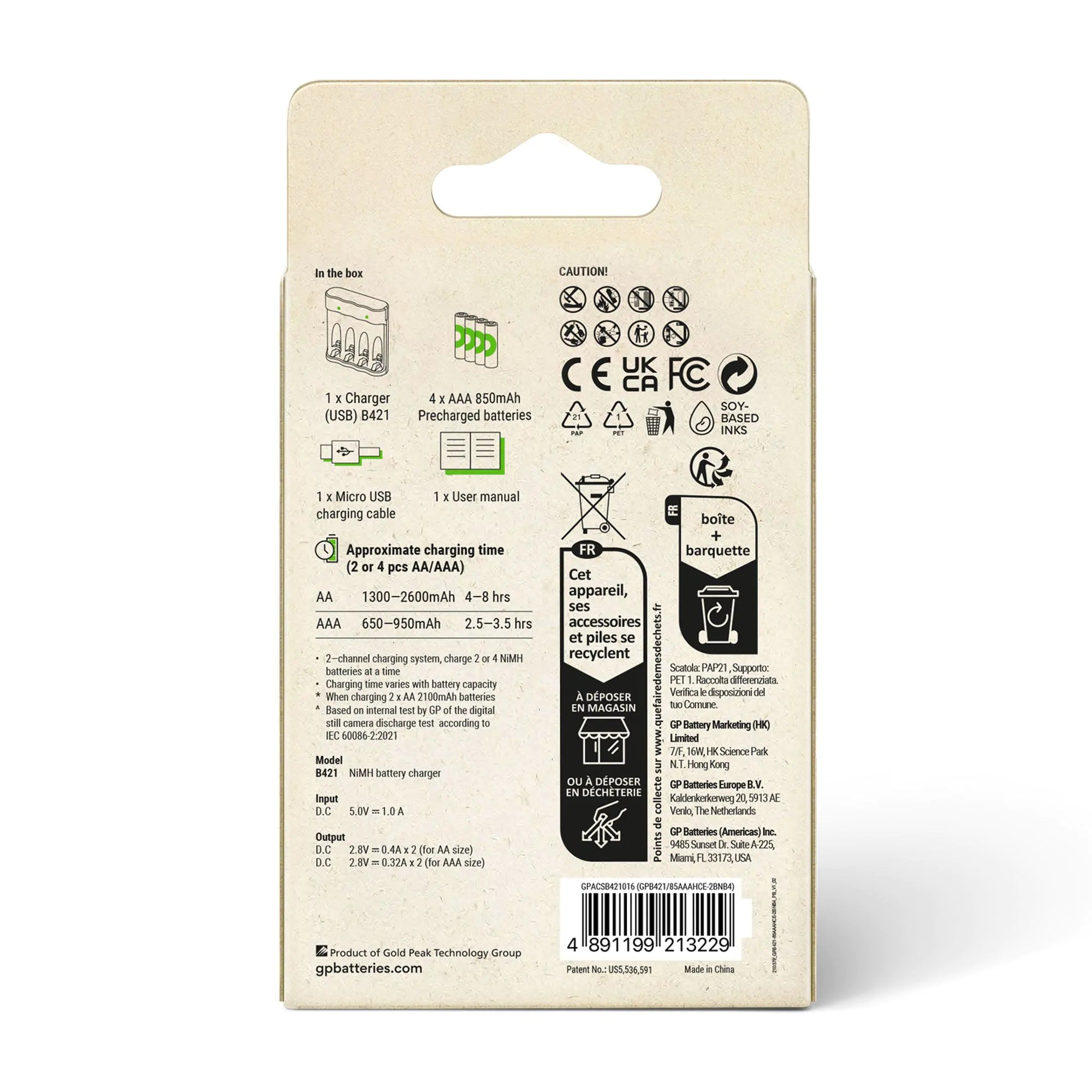 GP RECYKO B441 Batterij Oplader met 4 oplaadbare AAA-batterijen 850mAh
